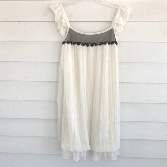 Olsenboye White Ruffled Chiffon Black Lace Detail Sleeveless Tunic Blouse Mini M - Picture 1 of 5